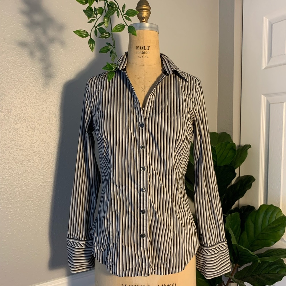 Express Black and White Stripe Stretchy Button-Up Top